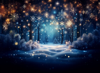 Poster - Enchanted winter forest scene.  Glowing snowflakes and lights illuminate a snow-covered path, creating a magical atmosphere.
