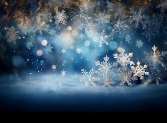 Aufkleber - Magical winter scene with falling snowflakes, glistening snow, and shimmering lights.  A dreamy, festive backdrop.