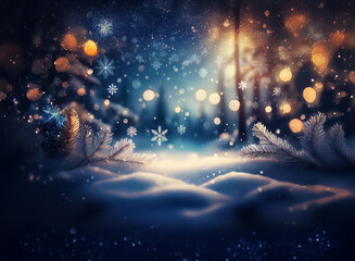 Aufkleber - Magical winter scene: snow-covered ground, glistening snowflakes, and warm lights illuminate a serene forest at twilight.