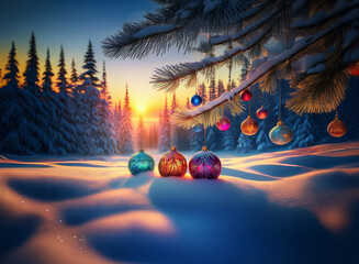 Poster - A serene winter sunset scene.  Colorful glass ornaments rest in the snow beneath a snow-laden pine branch,  while snow-covered evergreen trees fill the background.