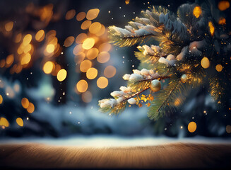 Aufkleber - Snow-dusted pine branch with golden bokeh lights, creating a magical winter scene.  A wooden surface is in the foreground, perfect for product display.