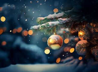 Poster - A snow-dusted evergreen branch holds a golden ornament, illuminated by warm lights against a softly falling snow.  The scene evokes a cozy winter wonderland.