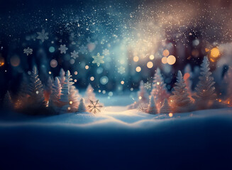 Poster - A magical winter scene: snow-covered trees sparkle under a night sky dusted with falling snowflakes and twinkling lights.  A serene, enchanting winter wonderland.