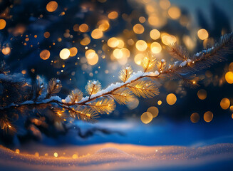 Poster - A snow-covered pine branch adorned with warm, golden lights, sparkles in the soft glow of a winter night.  The scene is filled with bokeh lights and falling snow.