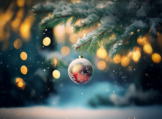 Poster - A snow-dusted red ornament hangs from a pine bough, illuminated by warm bokeh lights in a winter wonderland scene.  Falling snow adds to the magical ambiance.