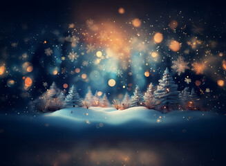 Aufkleber - Magical winter scene: snow-covered trees, sparkling lights, and falling snowflakes create a serene, enchanting winter wonderland.