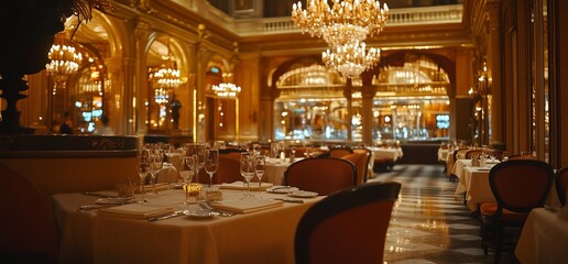 Poster - Elegant dining area with chandeliers and fine table settings.