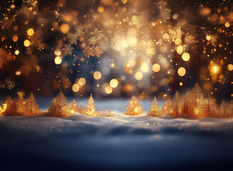 Poster - A magical winter scene: golden trees sparkle in a snowy landscape under a night sky filled with shimmering lights and snowflakes.  Warm and inviting festive atmosphere.