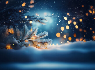 Poster - Snowy winter scene with glowing lights and frosted pine branches.  A magical, cool-toned Christmas setting.