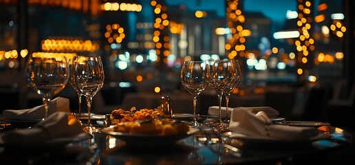 Poster - Elegant dining setup with glasses, plates, and city lights in the background.