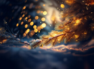 Poster - A snow-covered pine branch adorned with warm, golden lights.  The bokeh effect creates a magical, winter wonderland atmosphere.