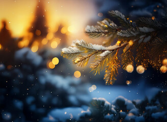 Poster - A snow-covered pine branch glows in the soft light of a winter sunset.  Sparkling bokeh lights create a magical ambiance.