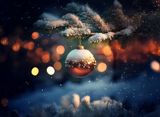 Poster - A snow-dusted bronze ornament hangs from a snow-covered pine branch, illuminated by warm bokeh lights against a dark, wintery night.  Falling snow adds to the magical ambiance.