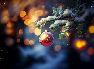 Poster - A red glass ornament hangs from a snow-dusted pine branch, illuminated by warm bokeh lights.  A winter wonderland scene.
