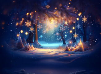 Poster - Enchanted winter forest scene.  Sparkling lights and snowflakes adorn snow-covered trees, creating a magical, dreamlike atmosphere.  A pathway leads into the glowing heart of the woods.