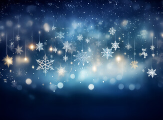 Aufkleber - Elegant winter scene with glistening snowflakes hanging against a dark blue, bokeh-filled background.  The image evokes a feeling of magic and serenity.