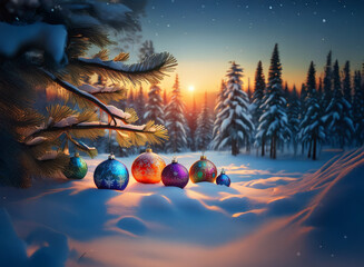 Poster - Magical winter sunset scene. Colorful ornaments rest in the snow beneath a snow-covered pine tree branch.  Serene forest background.
