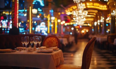Poster - Elegant restaurant interior with chandeliers and a cozy atmosphere.
