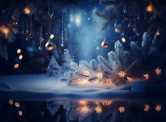 Poster - Enchanted winter scene: frost-covered branches, twinkling lights, and snowy ground reflect in a still, dark water.  A magical, serene Christmas atmosphere.