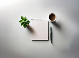 Wall Mural - Overhead shot of a minimalist workspace: a blank spiral notebook, a pen, a cup of coffee, and a small potted plant on a white surface.  Clean, simple, and ready for ideas.