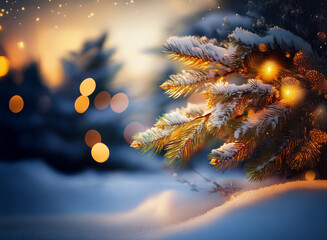 Poster - Snow-covered pine branch adorned with warm lights, set against a blurred winter sunset.  Magic, serenity, and the beauty of the season are captured in this enchanting scene.