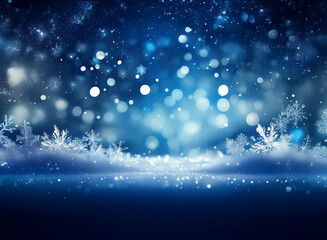 Aufkleber - A magical winter scene.  Sparkling snowflakes and bokeh lights create a dreamy, blue-hued wonderland.  Perfect for festive backgrounds.
