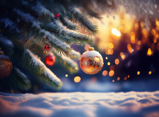 Poster - A snow-dusted Christmas tree branch laden with glittering ornaments, glows in the warm light of a winter sunset.  The scene is magical and evokes feelings of peace and joy.