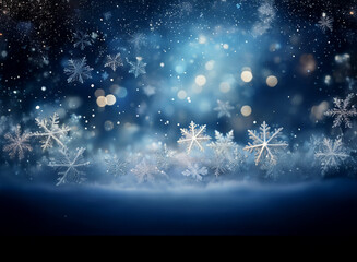 Aufkleber - A mesmerizing winter scene:  Intricate snowflakes fall against a backdrop of twinkling lights and a softly blurred snowy ground. Cool blue tones create a serene, magical atmosphere.