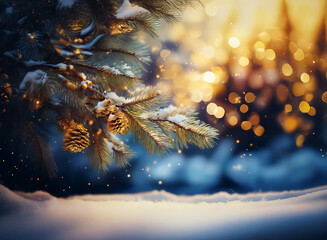 Poster - Snow-dusted pine branch with pine cones, glowing bokeh lights in the background, winter wonderland scene.