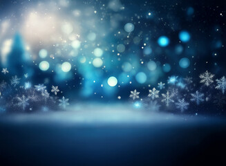 Aufkleber - A serene winter scene.  Sparkling snowflakes fall against a blurry backdrop of blue lights and snowy ground.  A tranquil, magical winter wonderland.