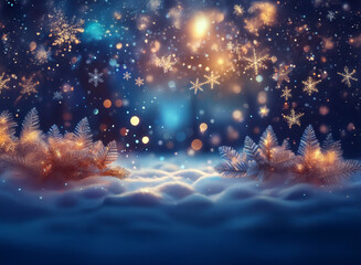 Poster - Magical winter scene: glittering snowflakes fall on snowdrifts, illuminated by warm lights nestled amongst frosted pine branches. A dreamy, festive backdrop.