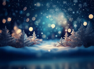 Poster - Magical winter night scene. Snow-covered trees sparkle under a sky filled with falling snowflakes and soft lights.  A serene and peaceful winter wonderland.