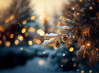 Poster - Snow-dusted pine branch with pine cones, illuminated by warm, golden bokeh lights, creating a magical winter scene.  Falling snow adds to the festive ambiance.