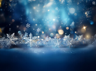 Poster - A magical winter scene: sparkling snowflakes delicately rest on a snowy landscape, illuminated by warm, soft lights against a deep blue backdrop.  The scene evokes a sense of wonder and peace.