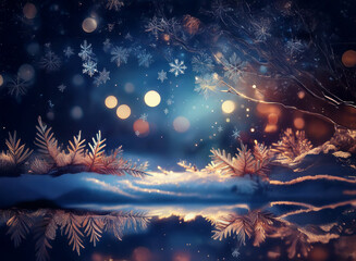 Poster - Enchanted winter scene: snow-covered branches, glistening snowflakes, and a tranquil, reflecting water.  Magical bokeh lights illuminate the frosty landscape.
