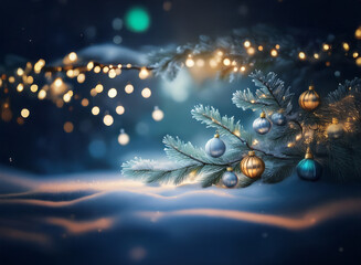 Poster - Enchanted winter scene: snow-covered ground, frosted pine branch adorned with shimmering ornaments and warm fairy lights, creating a magical holiday ambiance.