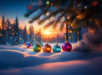 Poster - A breathtaking winter sunset scene. Colorful Christmas baubles rest in the snow beneath a snow-laden pine tree, illuminated by the warm glow of the setting sun and twinkling lights.  Magic abounds.