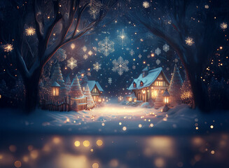 Poster - Enchanted winter village nestled in a snow-covered forest, glowing with warm lights and falling snowflakes. Magical atmosphere, serene and peaceful.
