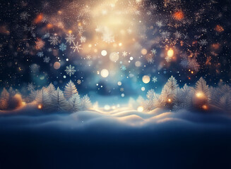Poster - Magical winter scene: snow-covered trees, sparkling lights, and falling snowflakes create a dreamy, festive atmosphere.  A celestial glow illuminates the enchanting landscape.