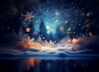 Poster - Magical winter scene: snow-covered ground, glistening ice, and a serene forest bathed in soft, blue moonlight.  Falling snowflakes add to the enchanting atmosphere.