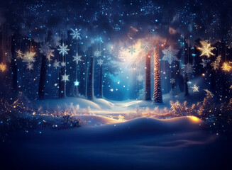 Poster - Enchanted winter forest scene.  Snow-covered path leads to glowing light amidst sparkling snowflakes hanging from trees. Magical, serene atmosphere.