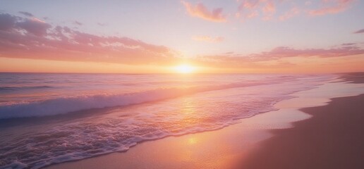 Aufkleber - Serene beach sunset with gentle waves and pastel sky colors.