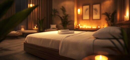 Poster - Serene spa room with a bed, candles, and soothing ambiance.