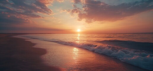 Aufkleber - Serene sunset over the ocean with gentle waves and colorful clouds.