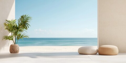 Wall Mural - Serene beach view with palm, cushions, and clear blue ocean, perfect for relaxation.