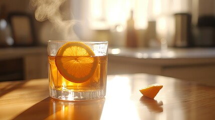 Canvas Print - Steaming glass of tea with a slice of orange, sunlight reflecting off the table's surface.