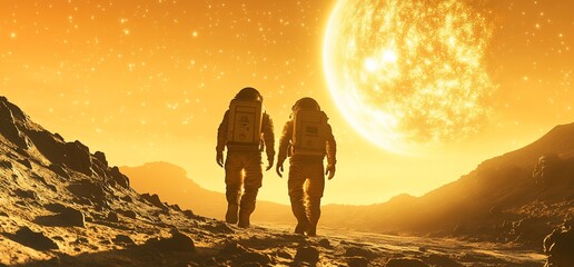 Poster - Two astronauts explore a distant planet under a bright sun.