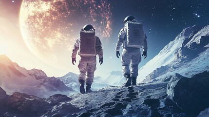 Poster - Two astronauts explore a distant alien landscape under a vibrant sky.