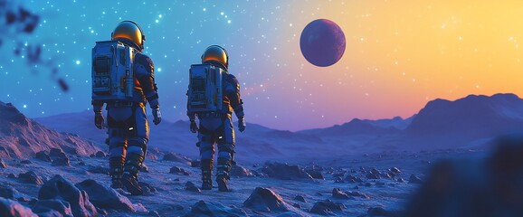 Poster - Two astronauts explore a colorful alien landscape under a starry sky.