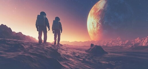 Poster - Two astronauts exploring a distant planet at sunset.